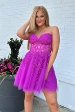 Load image into Gallery viewer, A-Line Strapless Lace Up Short Tulle Homecoming Dress with Appliques