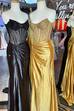 Load image into Gallery viewer, Gorgeous Gold Mermaid Strapless Long Beaded Prom Dress With High Slit