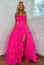 Load image into Gallery viewer, Stunning A-Line Sweetheart Satin Top Long Tiered Chiffon Prom Dress with Slit