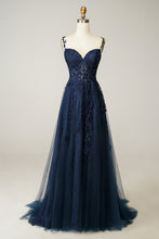 Load image into Gallery viewer, Gorgeous A Line Spaghetti Straps Navy Long Prom Dress with Appliques