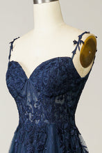 Load image into Gallery viewer, Gorgeous A Line Spaghetti Straps Navy Long Prom Dress with Appliques