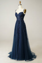 Load image into Gallery viewer, Gorgeous A Line Spaghetti Straps Navy Long Prom Dress with Appliques