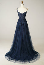 Load image into Gallery viewer, Gorgeous A Line Spaghetti Straps Navy Long Prom Dress with Appliques