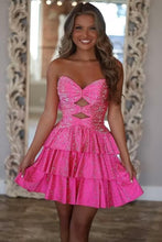 Load image into Gallery viewer, Sparkly A Line Sweetheart Orange Short Homecoming Dress with Beading Keyhole