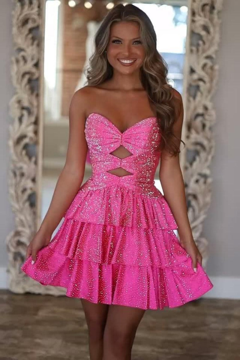 sparkly pink homecoming dress Luuvis Women Orange Short A Line Sweetheart Cocktail Dress with Beading Keyhole mens formalwear Size:5YR Harena Dress - Dark and a figure