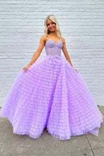 Load image into Gallery viewer, Trendy A Line Sweetheart Blue Corset Prom Dress with Appilques Ruffles