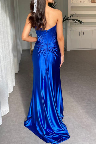 Chic Sheath Strapless Royal Blue Corset Prom Dress with Split Front
