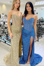 Load image into Gallery viewer, Sparkly Mermaid Sweetheart Gold Long Prom Dress with Beading