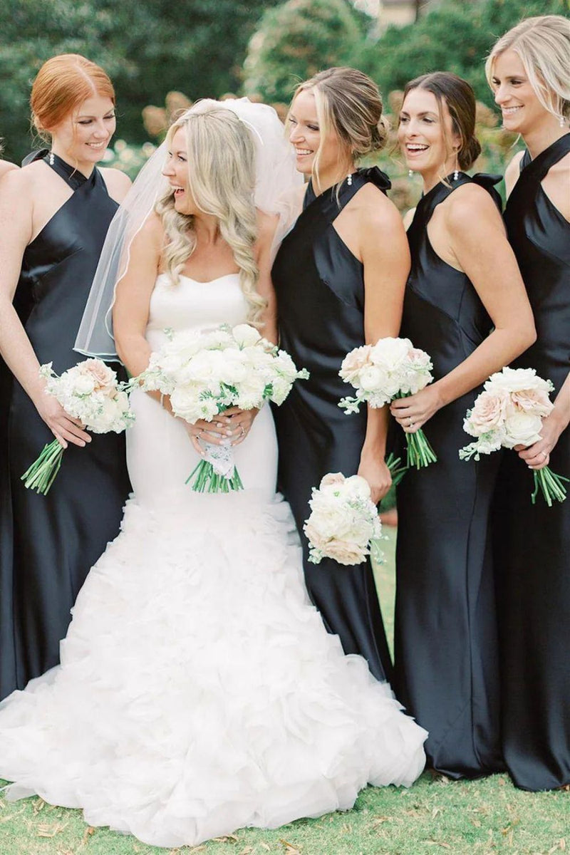 Luuvis Women Black Long Bridesmaid Dress Beauty Sheath Halter Neck Bridal Party Dress with Bowknot Luuvis Women Black Long Bridesmaid Dress Beauty Sheath Halter Neck Bridal Party Dress with Bowknot