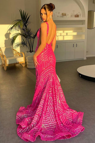 Sparkly Mermaid Deep V Neck Orange Sequins Long Prom Dress with Backless