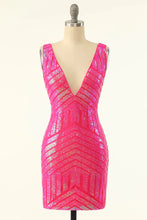 Load image into Gallery viewer, Sheath Sparkles V Neck Hot Pink Sequins Short Homecoming Dress