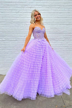 Load image into Gallery viewer, Trendy A Line Sweetheart Blue Corset Prom Dress with Appilques Ruffles