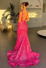 Load image into Gallery viewer, Sparkly Mermaid Deep V Neck Orange Sequins Long Prom Dress with Backless