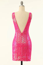 Load image into Gallery viewer, Sheath Sparkles V Neck Hot Pink Sequins Short Homecoming Dress