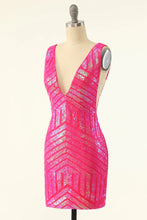 Load image into Gallery viewer, Sheath Sparkles V Neck Hot Pink Sequins Short Homecoming Dress
