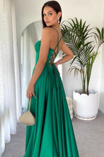 Load image into Gallery viewer, Beauty A Line Spaghetti Straps Green Long Prom Dress with Criss Cross Back