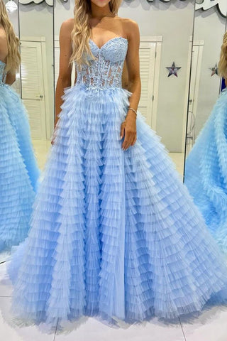 Trendy A Line Sweetheart Blue Corset Prom Dress with Appilques Ruffles