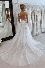 Load image into Gallery viewer, Luxurious A Line Deep V Neck White Wedding Dress with Appliques