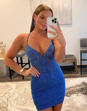 Load image into Gallery viewer, Sexy V Neck Blue Spaghetti Straps Homecoming Dress With Beading