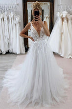 Load image into Gallery viewer, Luxurious A Line Deep V Neck White Wedding Dress with Appliques