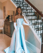 Load image into Gallery viewer, Elegant A Line Strapless Light Blue Long Prom Dress with Pearls