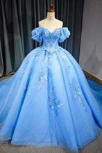Load image into Gallery viewer, Elegant A Line Off the Shoulder Blue Ball Gown Quinceanera Dress with Beading Appliques