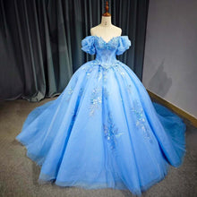 Load image into Gallery viewer, Elegant A Line Off the Shoulder Blue Ball Gown Quinceanera Dress with Beading Appliques