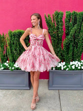 Load image into Gallery viewer, Gorgeous A Line Spaghetti Straps Pink Printed Short Homecoming Dress