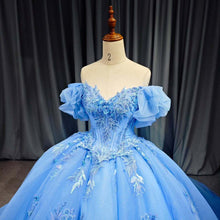Load image into Gallery viewer, Elegant A Line Off the Shoulder Blue Ball Gown Quinceanera Dress with Beading Appliques