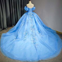 Load image into Gallery viewer, Elegant A Line Off the Shoulder Blue Ball Gown Quinceanera Dress with Beading Appliques