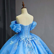 Load image into Gallery viewer, Elegant A Line Off the Shoulder Blue Ball Gown Quinceanera Dress with Beading Appliques