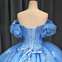 Load image into Gallery viewer, Elegant A Line Off the Shoulder Blue Ball Gown Quinceanera Dress with Beading Appliques