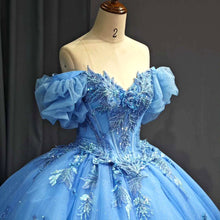 Load image into Gallery viewer, Elegant A Line Off the Shoulder Blue Ball Gown Quinceanera Dress with Beading Appliques