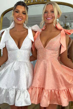 Load image into Gallery viewer, Trendy A Line V Neck Royal Blue Short Homecoming Dress with Beading Bowknot