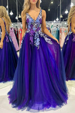 Load image into Gallery viewer, Gorgeous A Line V Neck Purple Tulle Long Prom Dress with Appliques