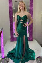 Load image into Gallery viewer, Cute Hot Pink Mermaid Strapless Long Beaded Prom Dress with Slit