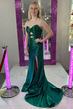 Load image into Gallery viewer, Cute Hot Pink Mermaid Strapless Long Beaded Prom Dress with Slit