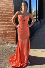 Load image into Gallery viewer, Cute Hot Pink Mermaid Strapless Long Beaded Prom Dress with Slit