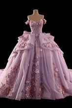 Load image into Gallery viewer, Princess A Line Off the Shoulder Pink Ball Gown Quinceanera Dress with Appliques Bowknot