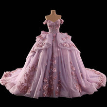 Load image into Gallery viewer, Princess A Line Off the Shoulder Pink Ball Gown Quinceanera Dress with Appliques Bowknot