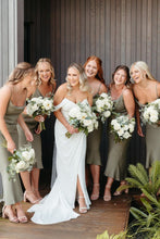 Load image into Gallery viewer, A Line Spaghetti Straps Green Tea Length Bridesmaid Dress
