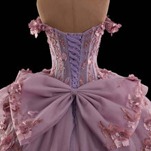 Load image into Gallery viewer, Princess A Line Off the Shoulder Pink Ball Gown Quinceanera Dress with Appliques Bowknot