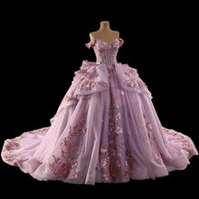 Load image into Gallery viewer, Princess A Line Off the Shoulder Pink Ball Gown Quinceanera Dress with Appliques Bowknot