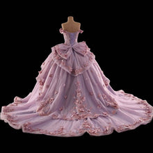 Load image into Gallery viewer, Princess A Line Off the Shoulder Pink Ball Gown Quinceanera Dress with Appliques Bowknot