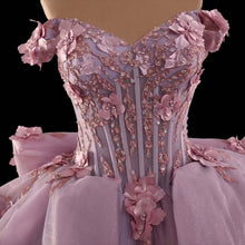 Load image into Gallery viewer, Princess A Line Off the Shoulder Pink Ball Gown Quinceanera Dress with Appliques Bowknot