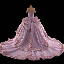Load image into Gallery viewer, Princess A Line Off the Shoulder Pink Ball Gown Quinceanera Dress with Appliques Bowknot