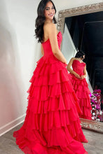 Load image into Gallery viewer, Stunning A-Line Sweetheart Satin Top Long Tiered Chiffon Prom Dress with Slit