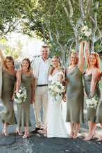 Load image into Gallery viewer, A Line Spaghetti Straps Green Tea Length Bridesmaid Dress