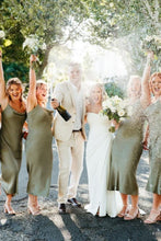Load image into Gallery viewer, A Line Spaghetti Straps Green Tea Length Bridesmaid Dress