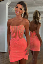 Load image into Gallery viewer, Sparkly Sheath Strapless Orange Short Homecoming Dress with Beading